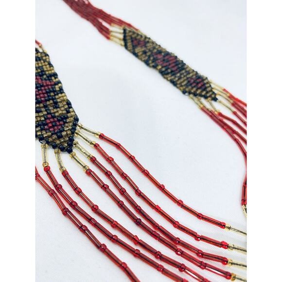 Russian Necklace Carpathian Seed Bead Indigenous Caucus Art Vintage Handmade Red - Picture 11 of 16